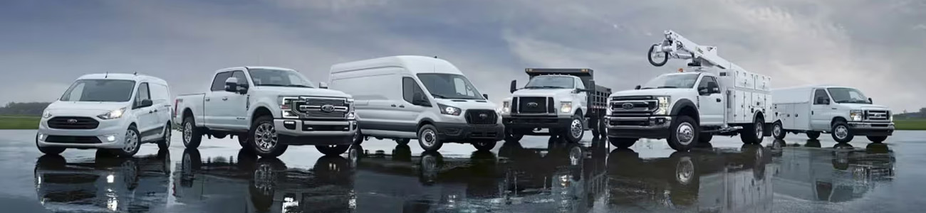 Gamme de véhicules commerciaux Ford, dont des fourgonnettes et des camions.